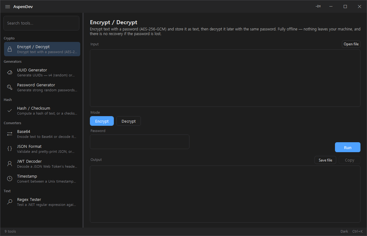 AspenDev — sidebar of 9 developer tools on the left, the encrypt/decrypt tool open on the right (dark theme)