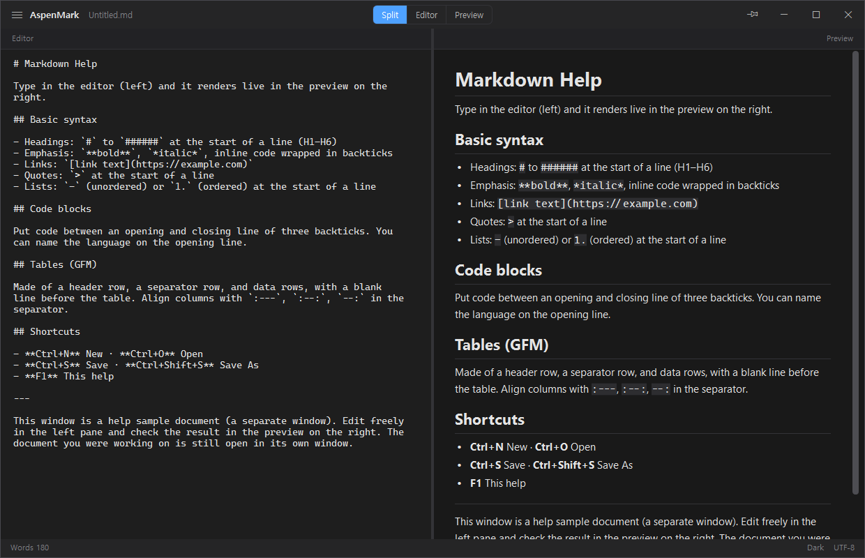 AspenMark in split view — Markdown source on the left, live rendered preview on the right (dark theme)